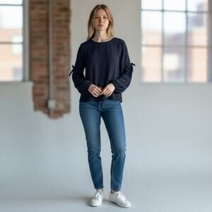 Draper James Women's Navy Blue Blouse Bow Sleeve Size 10